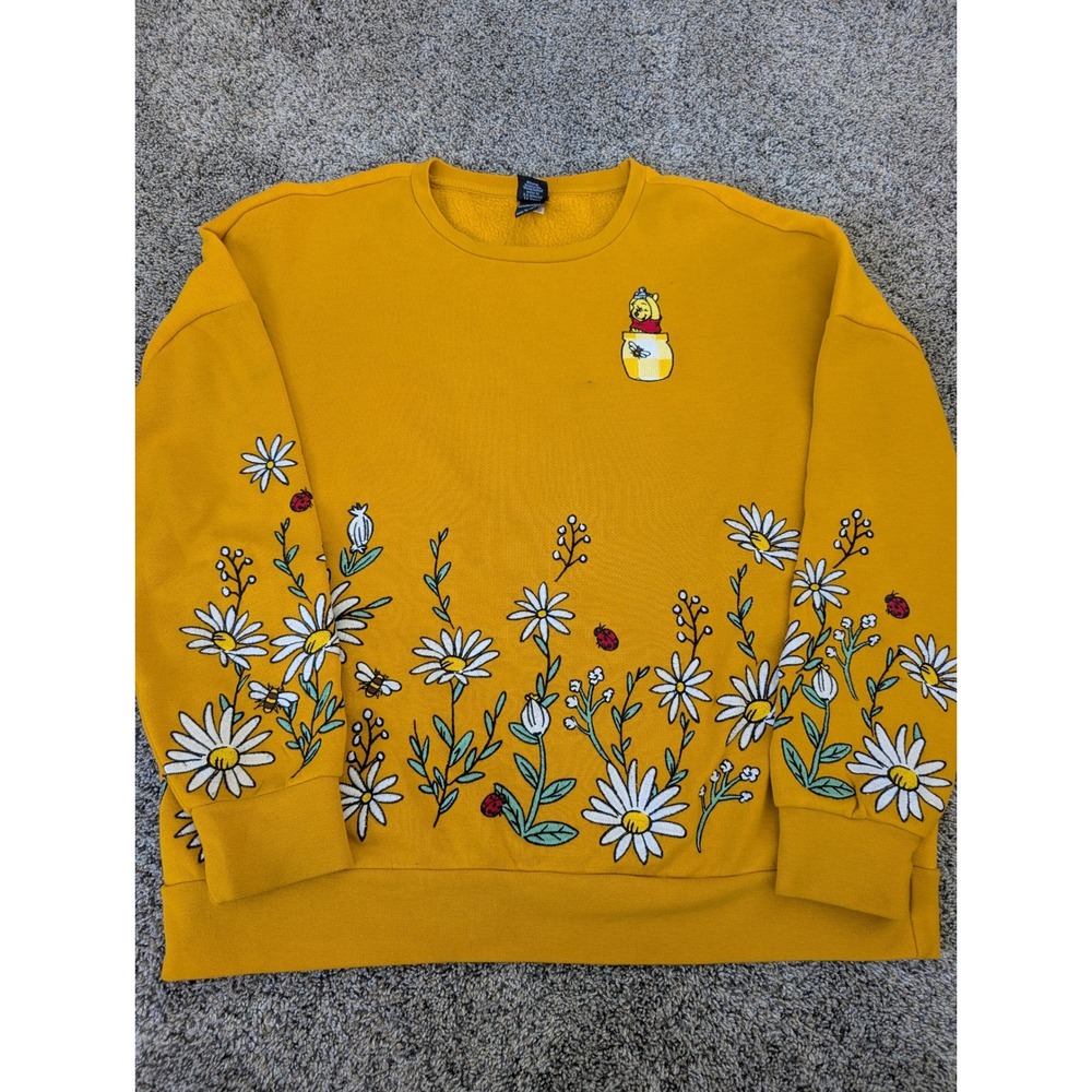 Disney Winnie the Pooh Floral Embroidered Sweatshirt Mustard Yellow Small
